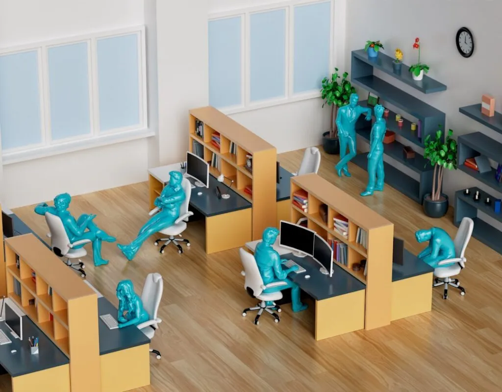 Um Grupo De Mesas Com Figuras Azuis Sobre Elas pYeW3Y3niAc